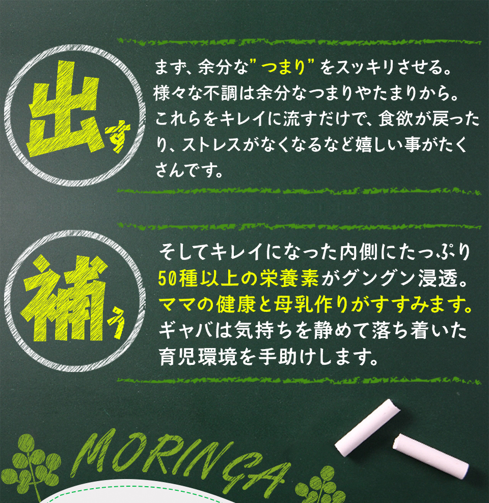 まず、余分な”つまり”をスッキリさせる。そして、キレイになった内側にたっぷり50種以上の栄養分がグングン浸透。